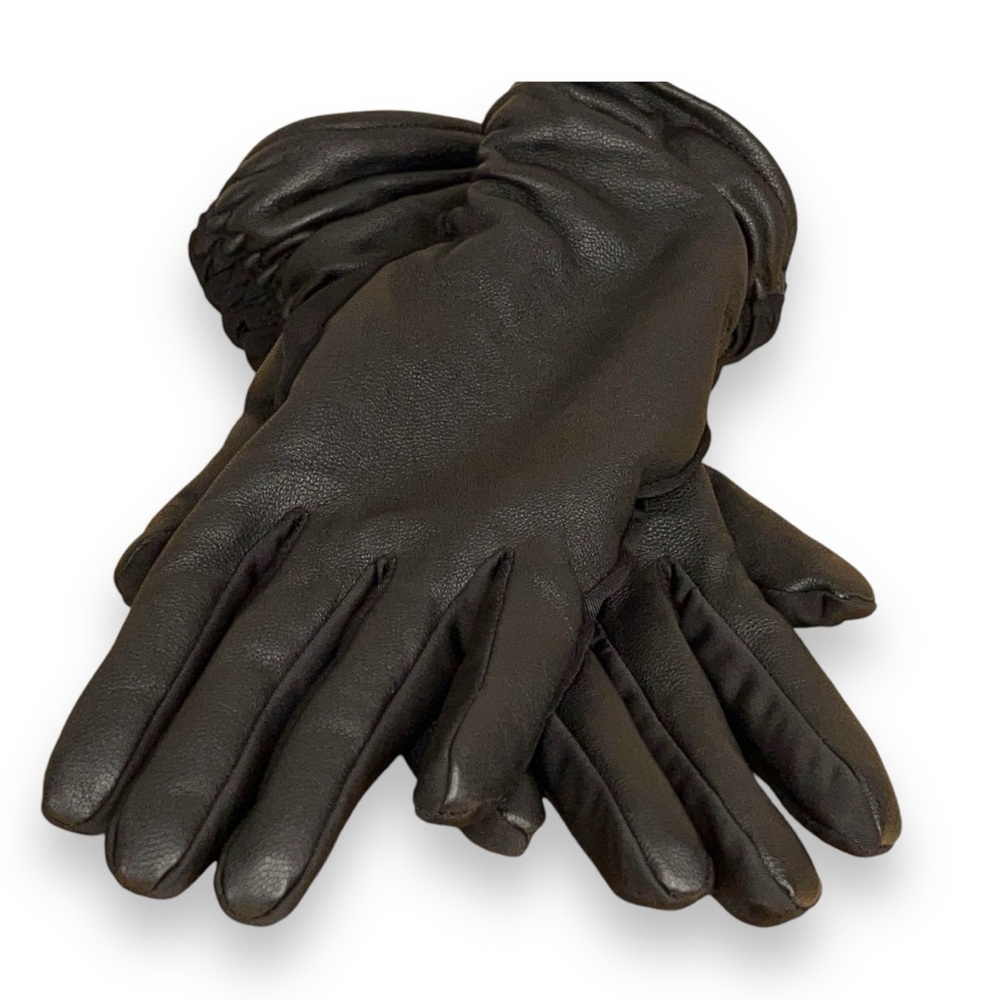WOMENS BLACK FAUX LEATHER GLOVES TEXTING FINGER TIPS STRETCH CLASSIC